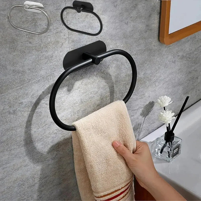 Stainless Steel Towel Holder Self-adhesive Bathroom Towels Rack Black Washhand Hanger Ring Rail Bar Kitchen Storage Accessories